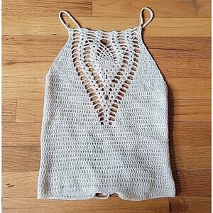 Windsor Ivory Crochet High Neck Halter Top NEW Openwork Lace Up Back Boho Hippie